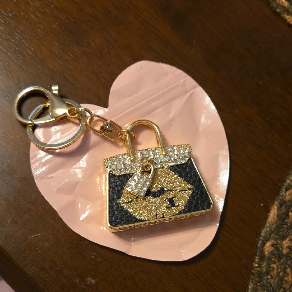 Gold and Black Purse Keychain with Rhinestones NWOT Just Lovely On Purse
